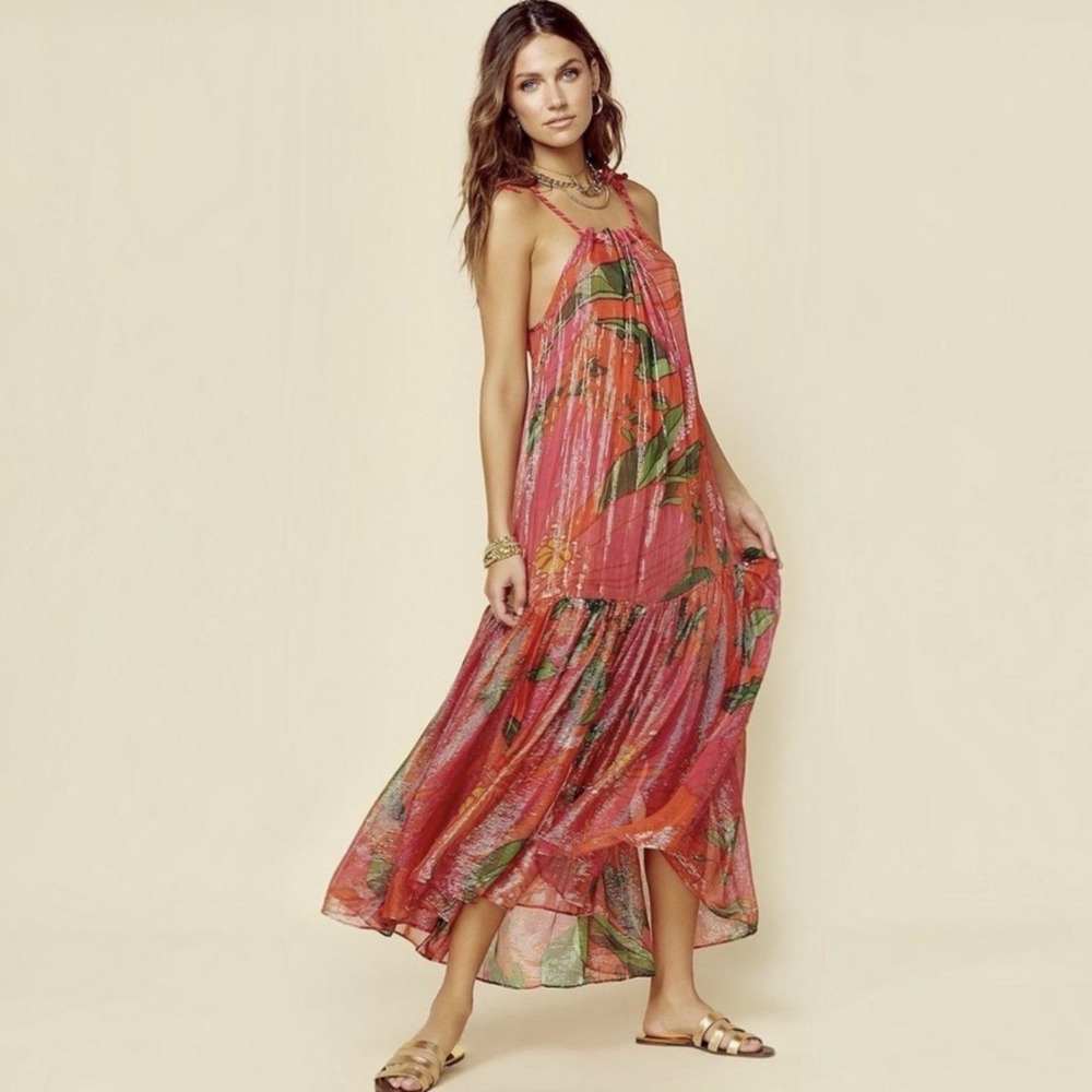 Farm‎ Rio Pietra Maxi Dress Womens S Floral Metallic Tassels Shimmer Pink B30